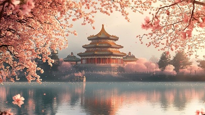 樱花湖畔的辉煌古建