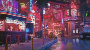 赛博朋克雨天城市街道