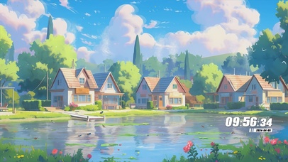 护眼房屋河流景色