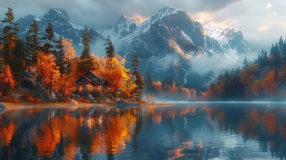 4K 雪山 枫林 河流