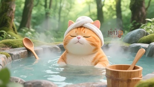 呆萌温泉小猫