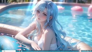 蓝发泳池少女