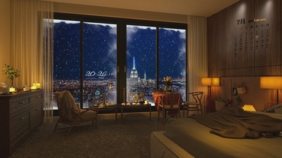 温馨的雪天城市夜景房间