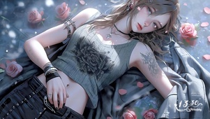 躺在玫瑰中的刺青少女