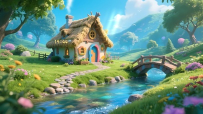 森林石桥溪流小屋