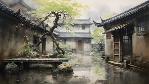 雨中江南老屋