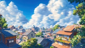 夏日晴空日式小镇风景