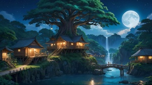 夜晚大树下的村庄