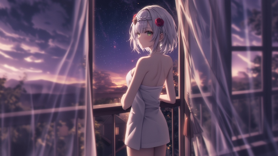 窗边裹白浴巾的银发少女，望向窗外星空暮色