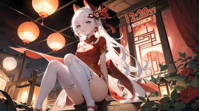 灯笼木屋旗袍少女