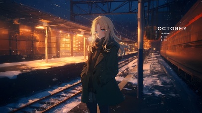 唯美雪夜车站少女