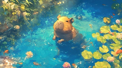 荷塘戏水的惬意卡皮巴拉