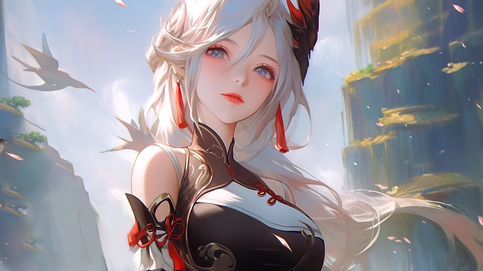 二次元厚涂插画，银发古风女性申鹤立于崖边，银白长发配红流苏耳饰，身着黑白国风服饰，背景是淡蓝晴空与飘落花瓣，远处是朦胧古风崖壁仙山。