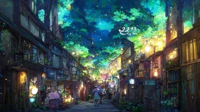 治愈森林夜晚小镇街道