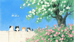 手绘插画 花园爬墙头的可爱猫咪