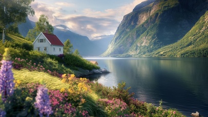 4K 青山绿水蓝天白云静谧小屋