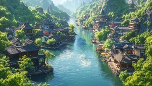 清新两岸水乡古镇建筑