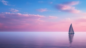 晚霞海面帆船