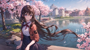 湖边樱花少女