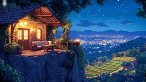 夜晚山顶小屋