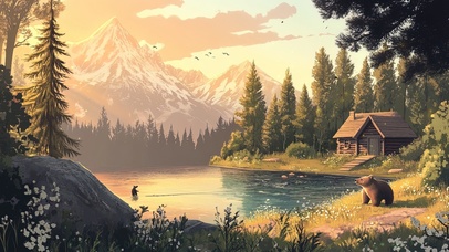 黄昏下的湖畔木屋小熊