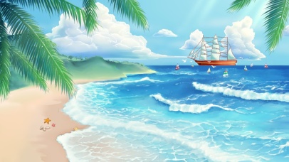 沙滩、海岸、帆船、白云