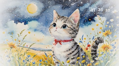 4K水彩夜晚望着月亮的猫