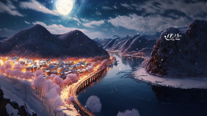 古风沿江雪景城镇