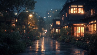 静谧雨夜城市小区