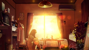 夕阳与少女
