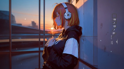 唯美红发耳机少女