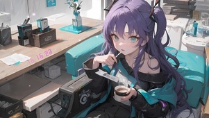 可爱紫发咖啡少女