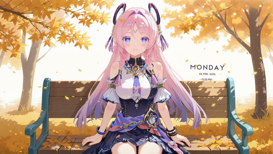粉紫长发少女坐在落满黄叶的公园长椅上，背景是秋日枫树林。