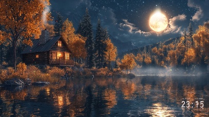 秋夜溪边月色小屋