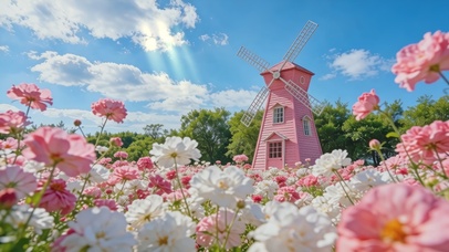 粉风车与花田