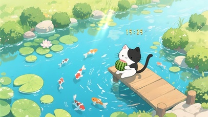 悠闲荷塘吃瓜小猫