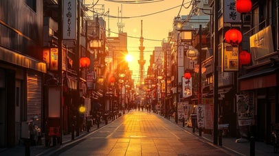 落日时刻的日式街道