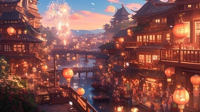 新年黄昏晚霞中的万千灯火