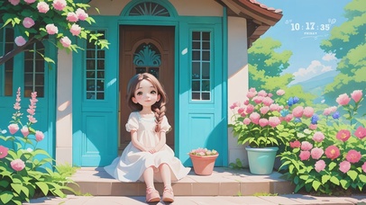 4K坐在门前的小女孩