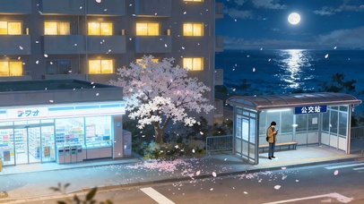 夜晚海边公交站台