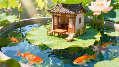 水缸中的微观荷花小屋