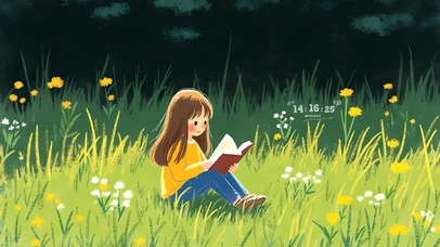 草地上看书的女孩