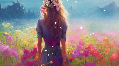 花海中的少女背影