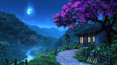 夜晚月色溪边小屋