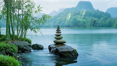 竹林湖边石景