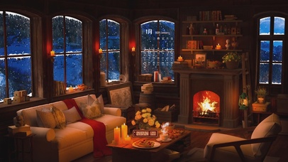 温馨的雪天壁炉房间