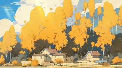 油画风秋日村庄