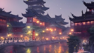 夜晚河边古城