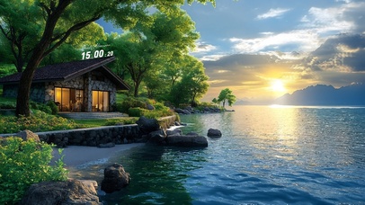 护眼黄昏湖畔小屋