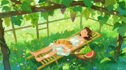 葡萄架下乘凉的女孩